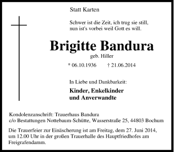 Traueranzeige von Brigitte Bandura von Tageszeitung