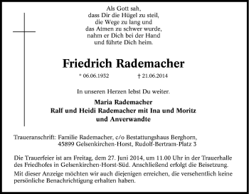 Traueranzeige von Friedrich Rademacher von Tageszeitung