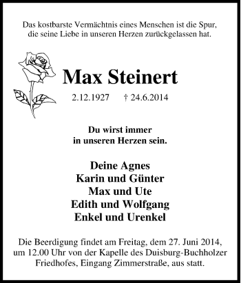 Traueranzeige von Max Steinert von Tageszeitung
