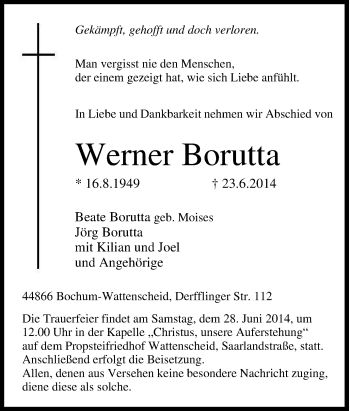 Traueranzeige von Werner Borutta von Tageszeitung