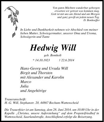 Traueranzeige von Hedwig Will von Tageszeitung