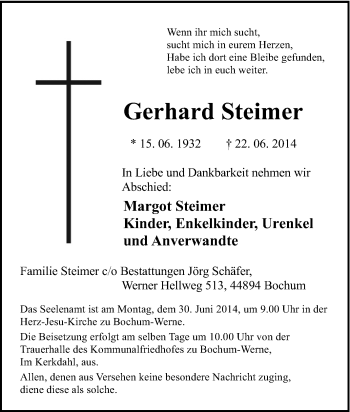 Traueranzeige von Gerhard Steimer von Tageszeitung