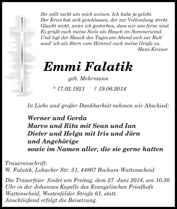Traueranzeige von Emmi Falatik von Tageszeitung
