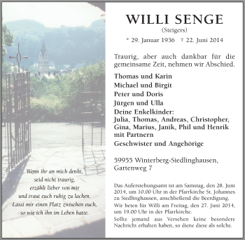 Traueranzeige von Willi Senge von Tageszeitung