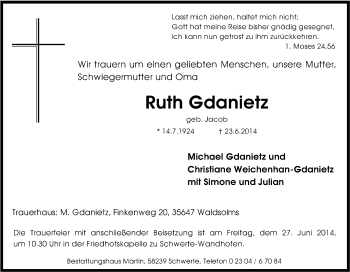 Traueranzeige von Ruth Gdanietz von Tageszeitung
