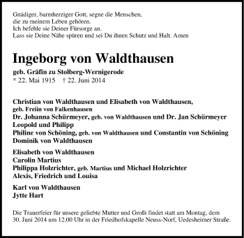 Traueranzeige von Ingeborg von Waldthausen von Tageszeitung