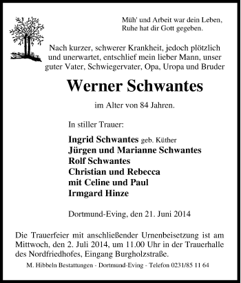 Traueranzeige von Werner Schwantes von Tageszeitung