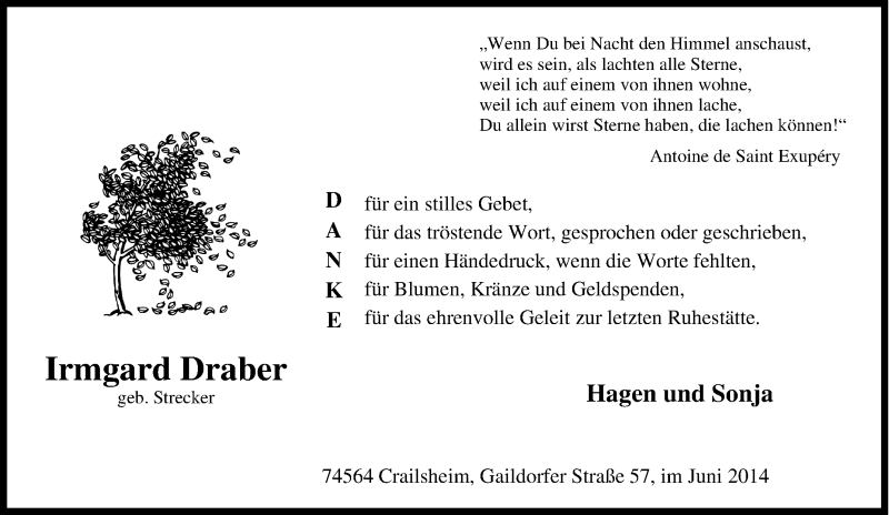  Traueranzeige für Irmgard Draber vom 28.06.2014 aus Tageszeitung