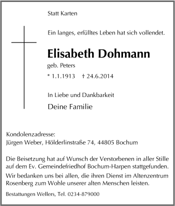 Traueranzeige von Elisabeth Dohmann von Tageszeitung