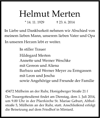 Traueranzeige von Helmut Merten von Tageszeitung
