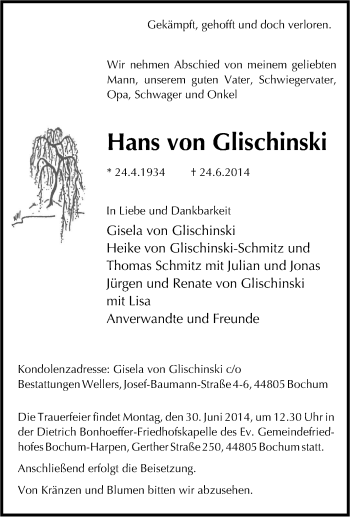 Traueranzeige von Hans von Glischinski von Tageszeitung