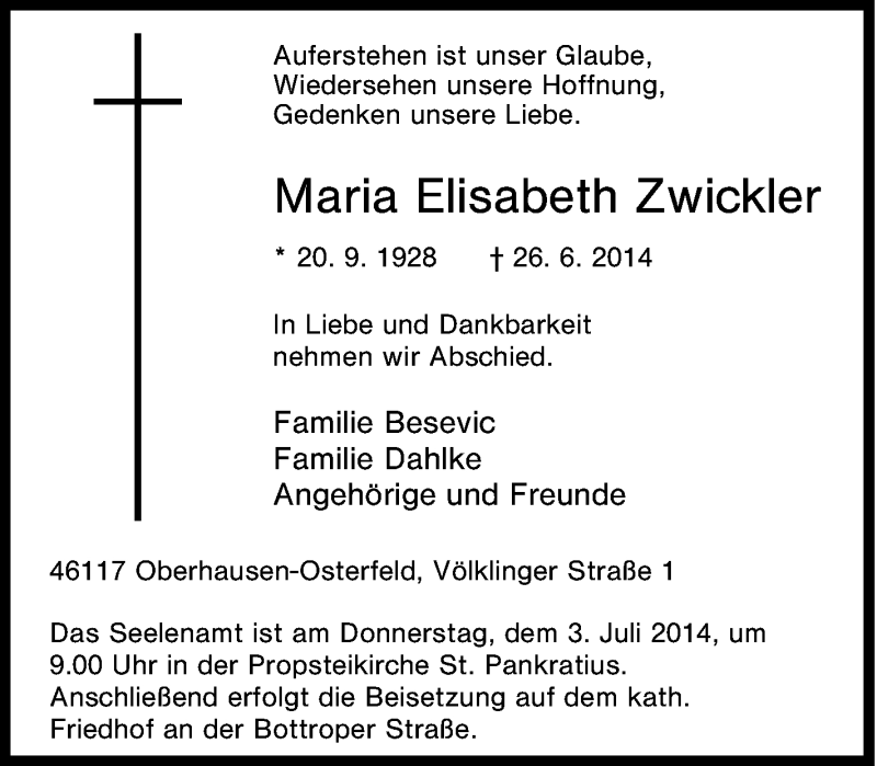  Traueranzeige für Maria Elisabeth Zwickler vom 30.06.2014 aus Tageszeitung