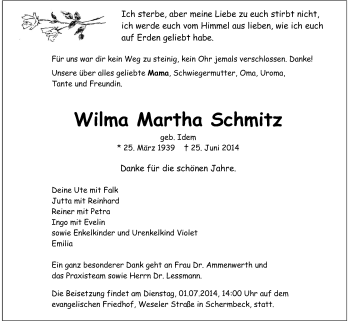 Traueranzeige von Wilma Martha Schmitz von Tageszeitung