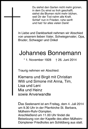 Traueranzeige von Johannes Bonnemann von Tageszeitung