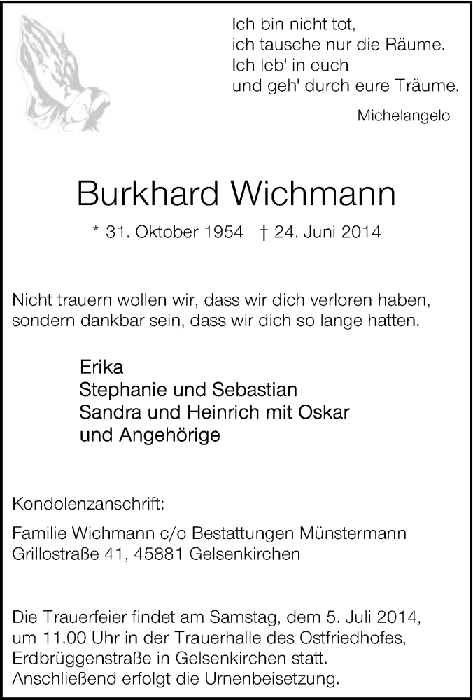  Traueranzeige für Burkhard Wichmann vom 28.06.2014 aus Tageszeitung