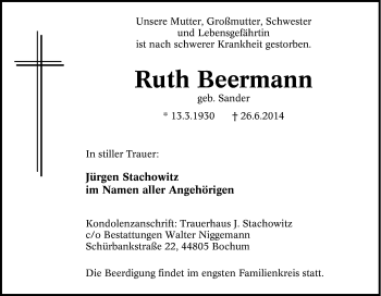 Traueranzeige von Ruth Beermann  von Tageszeitung