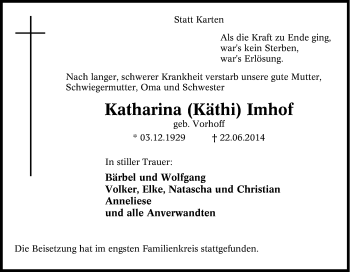 Traueranzeige von Katharina Käthi Imhof von Tageszeitung