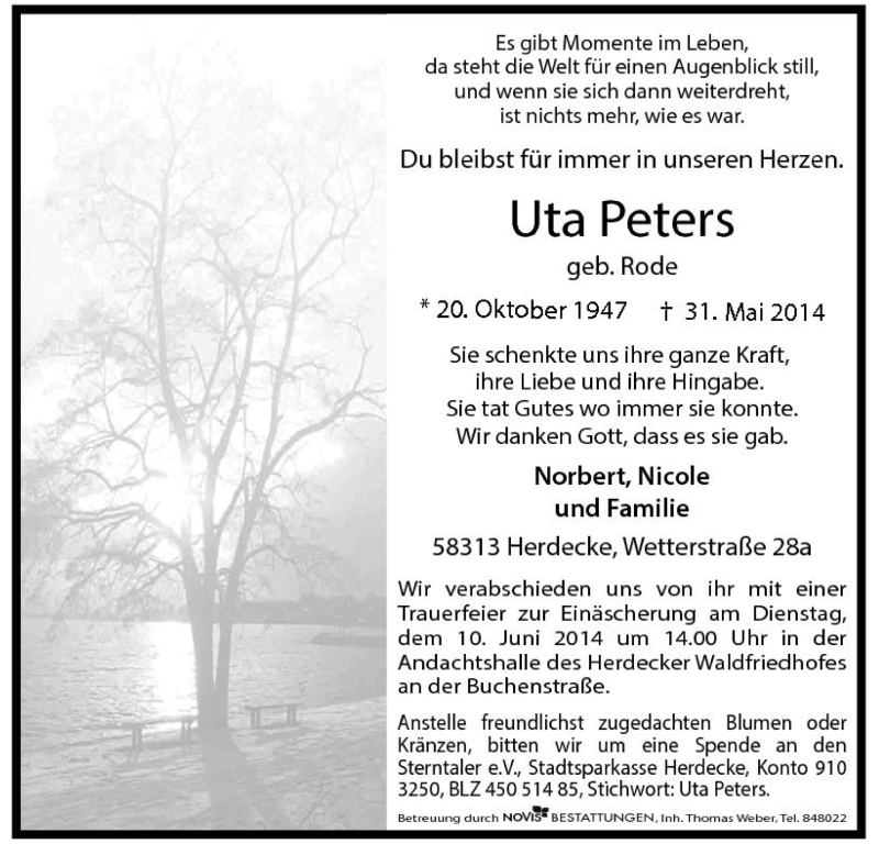  Traueranzeige für Uta Peters vom 04.06.2014 aus Tageszeitung
