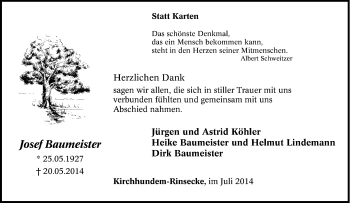 Traueranzeige von Josef Baumeister von Tageszeitung