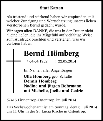 Traueranzeige von Bernd Hömberg von Tageszeitung