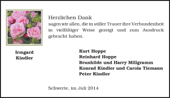 Traueranzeige von Irmgard Kindler von Tageszeitung