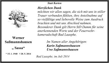 Traueranzeige von Werner Saßmannshausen von Tageszeitung