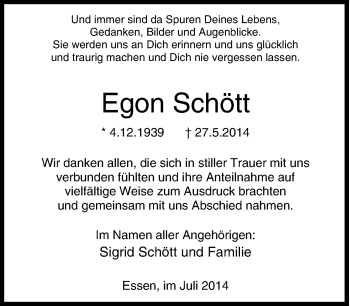 Traueranzeige von Egon  Schött von Tageszeitung