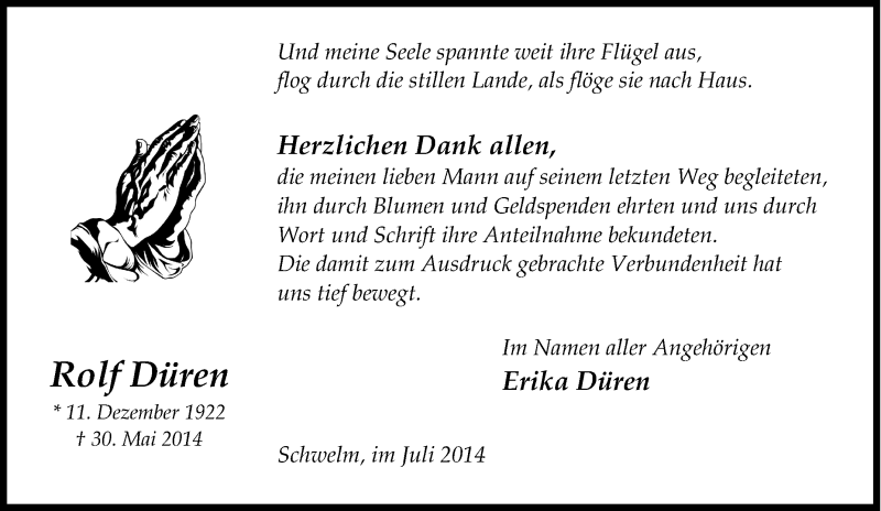 Traueranzeige für Rolf Düren vom 05.07.2014 aus Tageszeitung