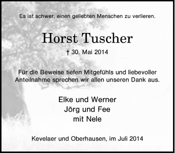 Traueranzeige von Horst Tuscher von Tageszeitung