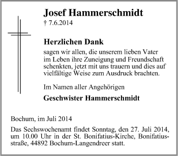 Traueranzeige von Josef Hammerschmidt von Tageszeitung