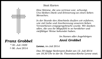 Traueranzeige von Franz Grobbel von Tageszeitung