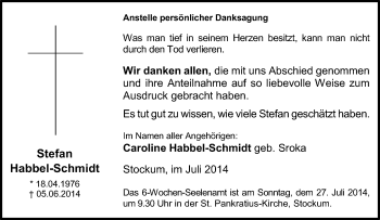 Traueranzeige von Stefan Habbel-Schmidt von Tageszeitung