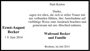 Traueranzeige von Ernst-August  Becker von Tageszeitung