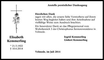 Traueranzeige von Elisabeth Kemmerling von Tageszeitung