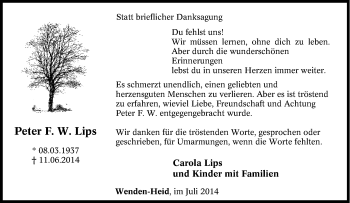 Traueranzeige von Peter F. W. Lips von Tageszeitung