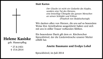 Traueranzeige von Helene Kasiske von Tageszeitung