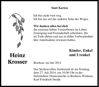 Traueranzeige von Heinz Krosser von Tageszeitung