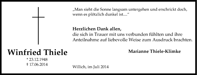  Traueranzeige für Winfried Thiele vom 26.07.2014 aus Tageszeitung