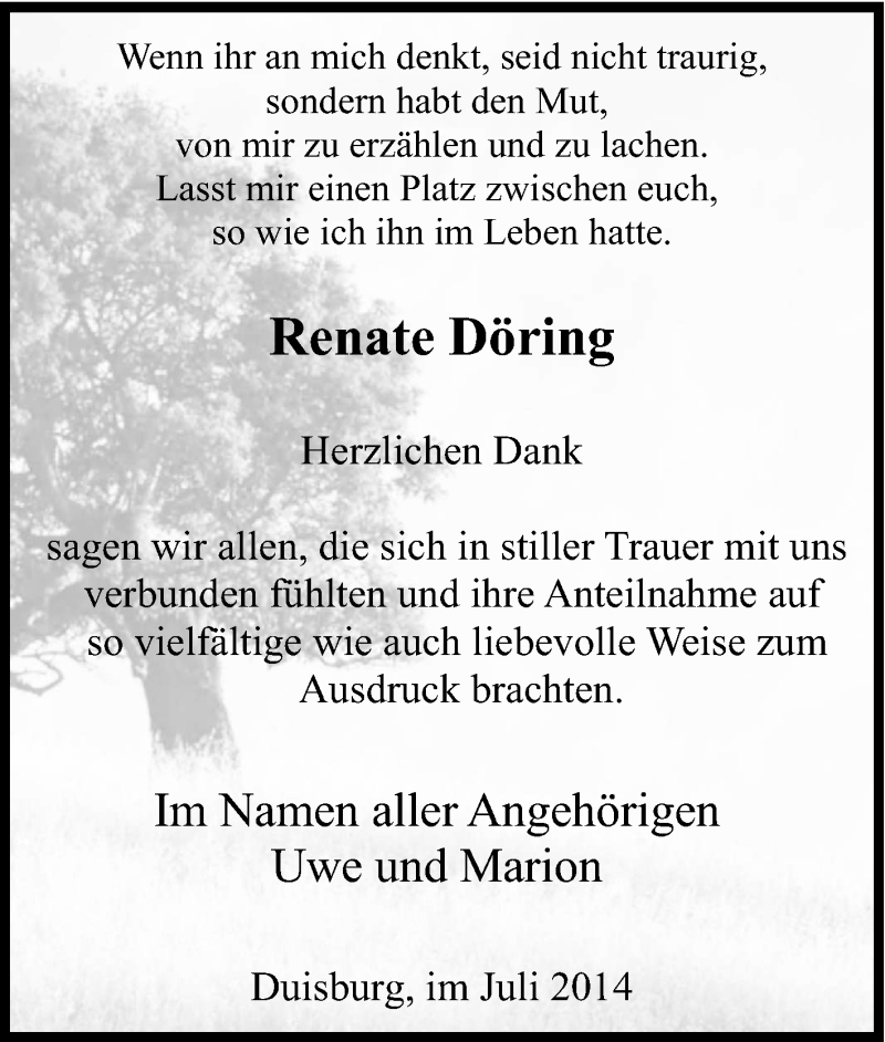  Traueranzeige für Renate Döring vom 19.07.2014 aus Tageszeitung