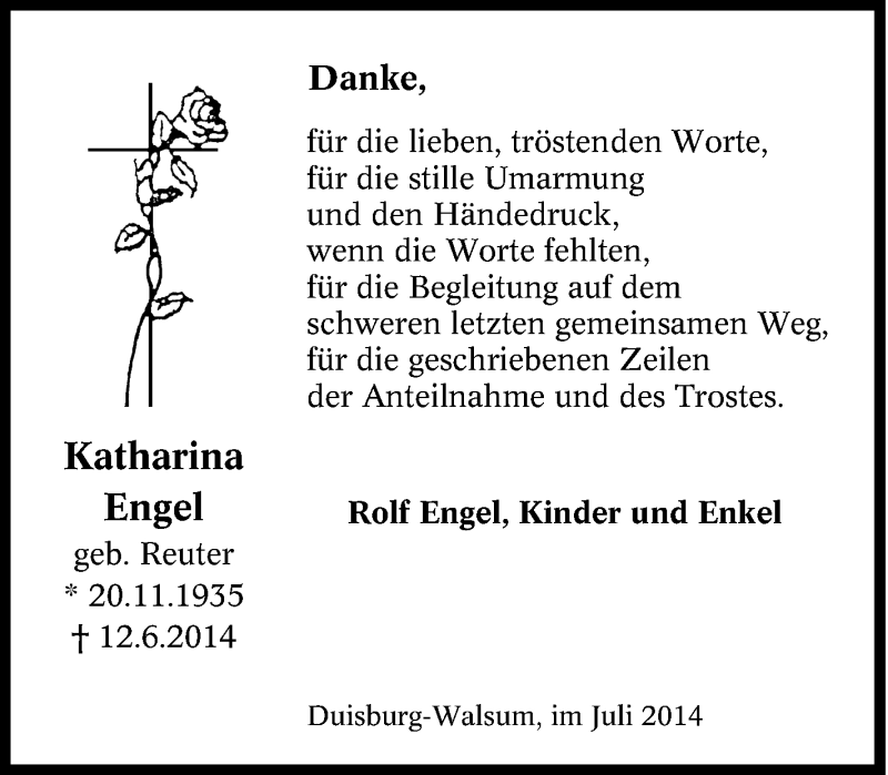  Traueranzeige für Katharina Engel vom 19.07.2014 aus Tageszeitung