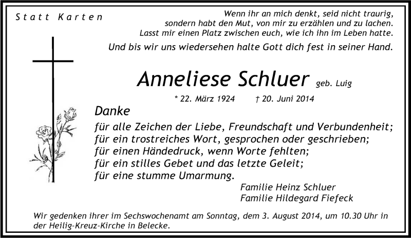  Traueranzeige für Anneliese Schluer vom 26.07.2014 aus Tageszeitung