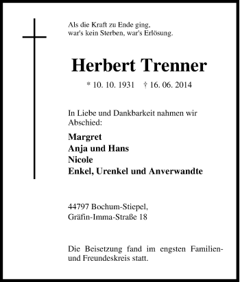 Traueranzeige von Herbert Trenner von Tageszeitung