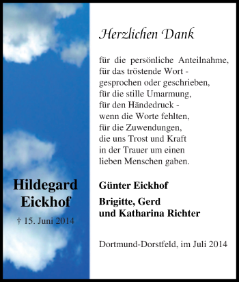 Traueranzeige von Hildegard Eickhof von Tageszeitung