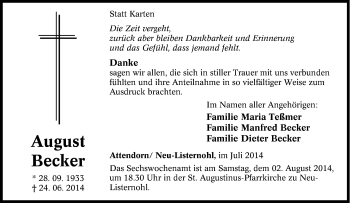 Traueranzeige von August Becker von Tageszeitung