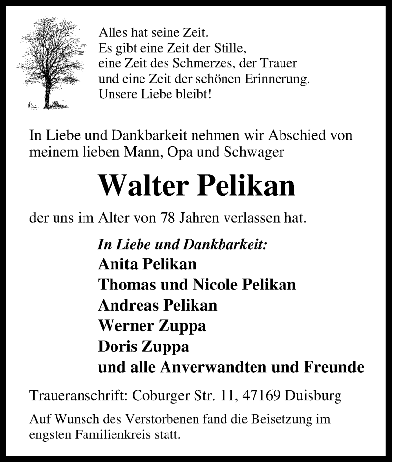  Traueranzeige für Walter Pelikan vom 05.07.2014 aus Tageszeitung