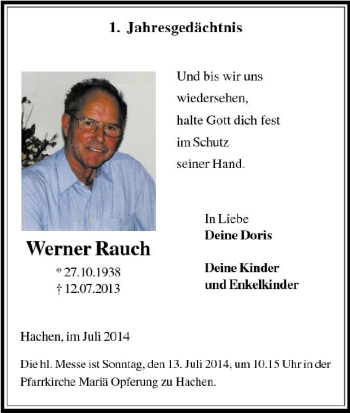 Traueranzeige von Werner Rauch von Tageszeitung