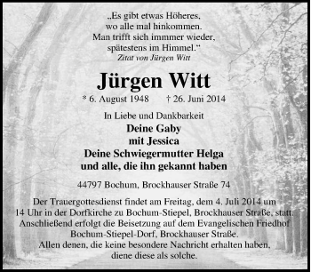 Traueranzeige von Jürgen Witt von Tageszeitung