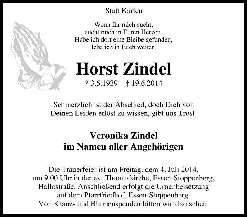  Traueranzeige für Horst Zindel vom 02.07.2014 aus Tageszeitung