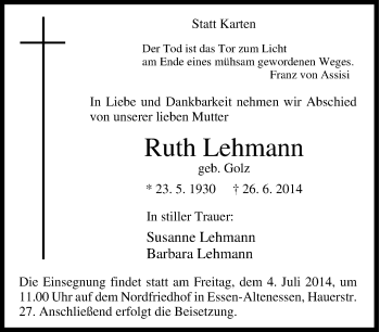 Traueranzeige von Ruth Lehmann von Tageszeitung