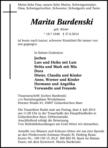 Traueranzeige von Marita Burdenski von Tageszeitung
